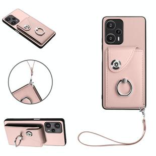 For Xiaomi Poco F5 5G/Redmi Note 12 Turbo Organ Card Bag Ring Holder PU Phone Case with Lanyard(Pink)