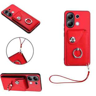 For Xiaomi Redmi Note 13 4G Global Organ Card Bag Ring Holder PU Phone Case with Lanyard(Red)