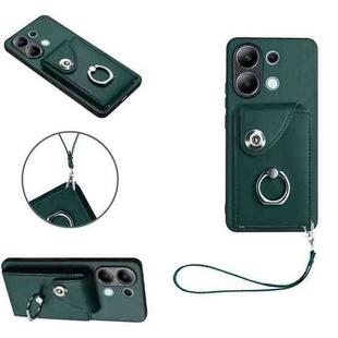 For Xiaomi Redmi Note 13 4G Global Organ Card Bag Ring Holder PU Phone Case with Lanyard(Green)