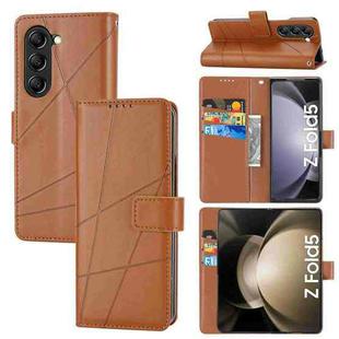 For Samsung Galaxy Z Fold5 PU Genuine Leather Texture Embossed Line Phone Case(Brown)