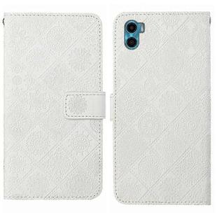 For Motorola Moto E22s / E32 4G Ethnic Style Embossed Pattern Leather Phone Case(White)