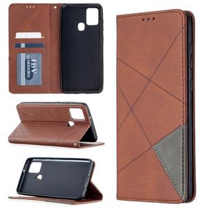 For Samsung Galaxy A21s Rhombus Texture Horizontal Flip Magnetic Leather Case with Holder & Card Slots(Brown)