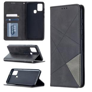 For Samsung Galaxy A21s Rhombus Texture Horizontal Flip Magnetic Leather Case with Holder & Card Slots(Black)