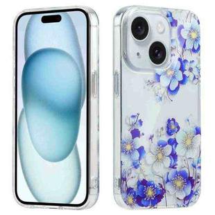 For iPhone 15 Plus Electroplated Symphony Phone Case(White Blue Flower)