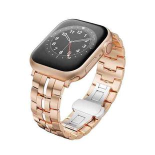 For Apple Watch Series 6 44mm Butterfly Buckle 5-Beads Metal Watch Band(Rose Gold White)