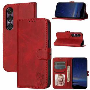 For Sony Xperia 1 VII Embossed Happy Cat Pattern Flip Leather Phone Case(Red)