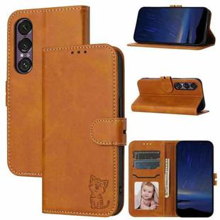 For Sony Xperia 1 VII Embossed Happy Cat Pattern Flip Leather Phone Case(Yellow)