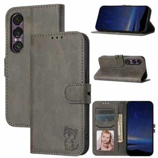 For Sony Xperia 1 VII Embossed Happy Cat Pattern Flip Leather Phone Case(Grey)