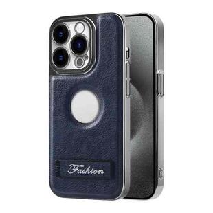 For iPhone 15 Pro Max Y3 Electroplated Fine Hole Leather Phone Case with Holder(Navy Blue)