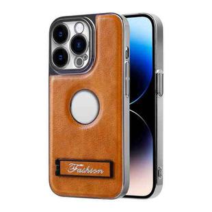 For iPhone 14 Pro Y3 Electroplated Fine Hole Leather Phone Case with Holder(Brown)