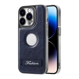 For iPhone 14 Pro Y3 Electroplated Fine Hole Leather Phone Case with Holder(Navy Blue)