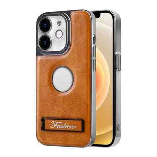 For iPhone 12 Y3 Electroplated Fine Hole Leather Phone Case with Holder(Brown)