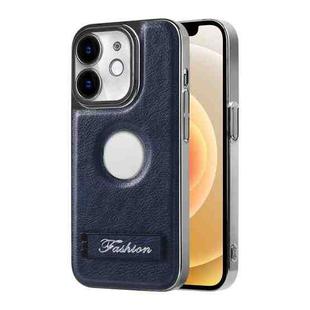 For iPhone 12 Y3 Electroplated Fine Hole Leather Phone Case with Holder(Navy Blue)
