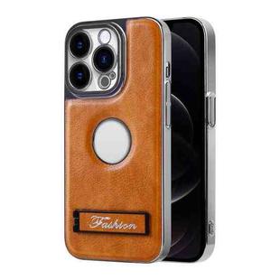 For iPhone 12 Pro Max Y3 Electroplated Fine Hole Leather Phone Case with Holder(Brown)