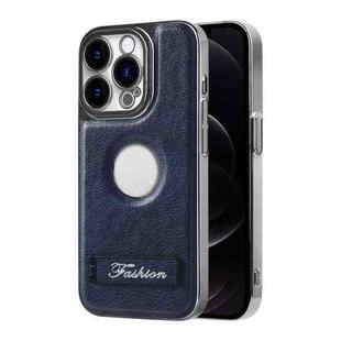 For iPhone 12 Pro Max Y3 Electroplated Fine Hole Leather Phone Case with Holder(Navy Blue)