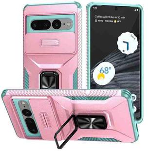 For Google Pixel 7 Pro 5G Sliding Camshield Holder Phone Case(Pink + Grey Green)