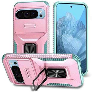 For Google Pixel 9 Pro Sliding Camshield Holder Phone Case(Pink + Grey Green)