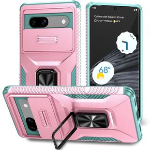 For Google Pixel 7a Sliding Camshield Holder Phone Case(Pink + Grey Green)