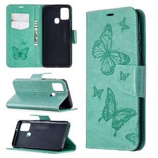 For Samsung Galaxy A21s Embossing Two Butterflies Pattern Horizontal Flip PU Leather Case with Holder & Card Slot & Wallet & Lanyard(Green)