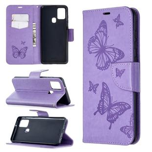 For Samsung Galaxy A21s Embossing Two Butterflies Pattern Horizontal Flip PU Leather Case with Holder & Card Slot & Wallet & Lanyard(Purple)