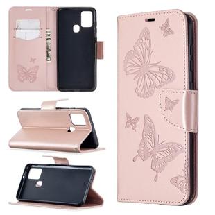 For Samsung Galaxy A21s Embossing Two Butterflies Pattern Horizontal Flip PU Leather Case with Holder & Card Slot & Wallet & Lanyard(Rose Gold)