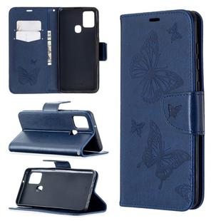 For Samsung Galaxy A21s Embossing Two Butterflies Pattern Horizontal Flip PU Leather Case with Holder & Card Slot & Wallet & Lanyard(Blue)