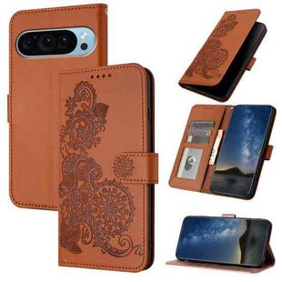 For Google Pixel 9 Pro Datura Flower Embossed Flip Leather Phone Case(Brown)