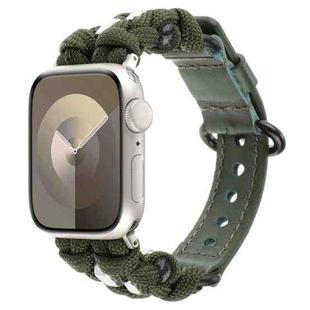 For Apple Watch Series 9 41mm Paracord Genuine Leather Watch Band(Army Green)