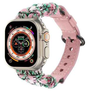 For Apple Watch Ultra 49mm Paracord Genuine Leather Watch Band(Pink Camo)