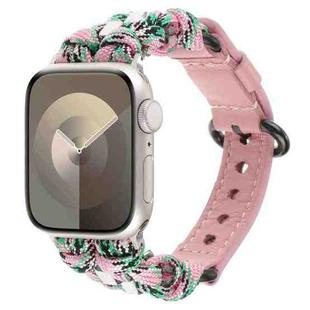 For Apple Watch Series 8 41mm Paracord Genuine Leather Watch Band(Pink Camo)