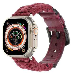 For Apple Watch Ultra 2 49mm Plain Paracord Genuine Leather Watch Band(Wine Red)
