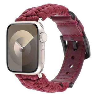 For Apple Watch Series 8 45mm Plain Paracord Genuine Leather Watch Band(Wine Red)