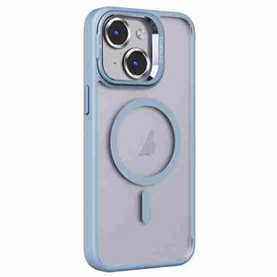For iPhone 15 Plus Invisible Lens Holder PC + TPU Frosted MagSafe Phone Case(Blue)