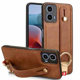 For Motorola Moto G34 Wristband Leather Back Phone Case(Brown)