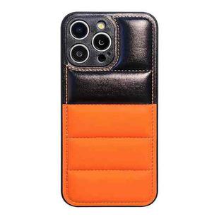 For iPhone 15 Pro Max Color Block Down Jacket Phone Case(Black Orange)