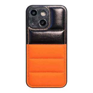 For iPhone 14 Plus Color Block Down Jacket Phone Case(Black Orange)