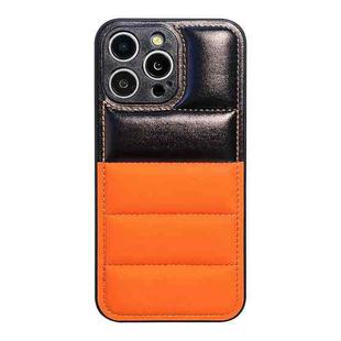 For iPhone 14 Pro Color Block Down Jacket Phone Case(Black Orange)