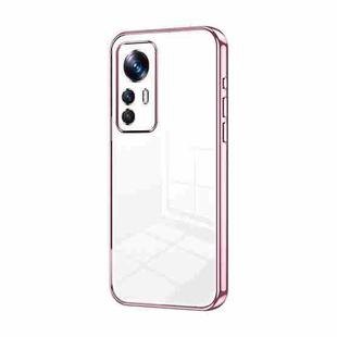 For Xiaomi 12T Pro Transparent Plating Fine Hole Phone Case(Pink)