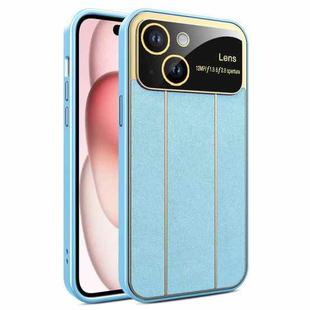 For iPhone 15 Plus Electroplating Litchi Grain Large Window Phone Case(Blue)