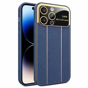 For iPhone 14 Pro Electroplating Litchi Grain Large Window Phone Case(Dark Blue)