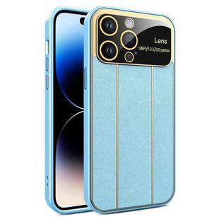For iPhone 14 Pro Max Electroplating Litchi Grain Large Window Phone Case(Blue)