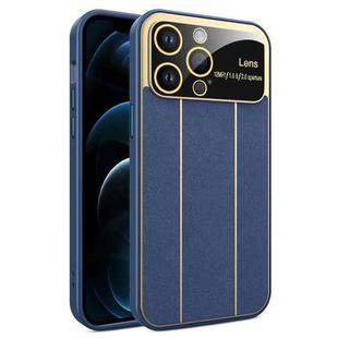 For iPhone 12 Pro Max Electroplating Litchi Grain Large Window Phone Case(Dark Blue)