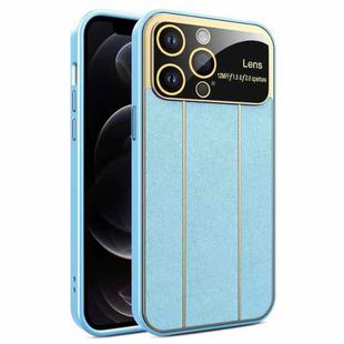 For iPhone 12 Pro Electroplating Litchi Grain Large Window Phone Case(Blue)