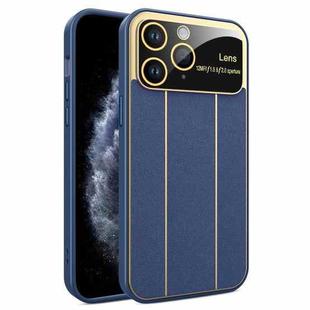 For iPhone 11 Pro Max Electroplating Litchi Grain Large Window Phone Case(Dark Blue)