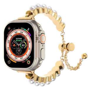 For Apple Watch Ultra 2 49mm Pearl Bracelet Metal Watch Band(Gold)