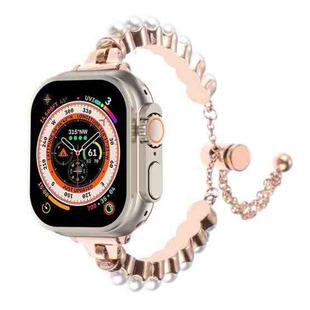 For Apple Watch Ultra 49mm Pearl Bracelet Metal Watch Band(Rose Gold)
