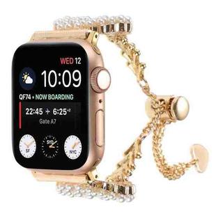 For Apple Watch Series 9 45mm Pearl Round Zinc Alloy Chain Metal Watch Band(Gold)