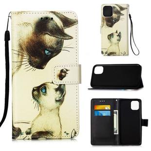 For iPhone 12 mini Painted Flat Texture Leather Case with Lanyard & Card Slot & Wallet & Holder(Cat Looking At Each Other)