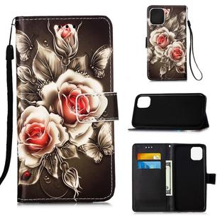For iPhone 12 mini Painted Flat Texture Leather Case with Lanyard & Card Slot & Wallet & Holder(Roses On Black)