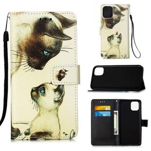 For iPhone 12 Pro Max Painted Flat Texture Leather Case with Lanyard & Card Slot & Wallet & Holder(Cat Looking At Each Other)